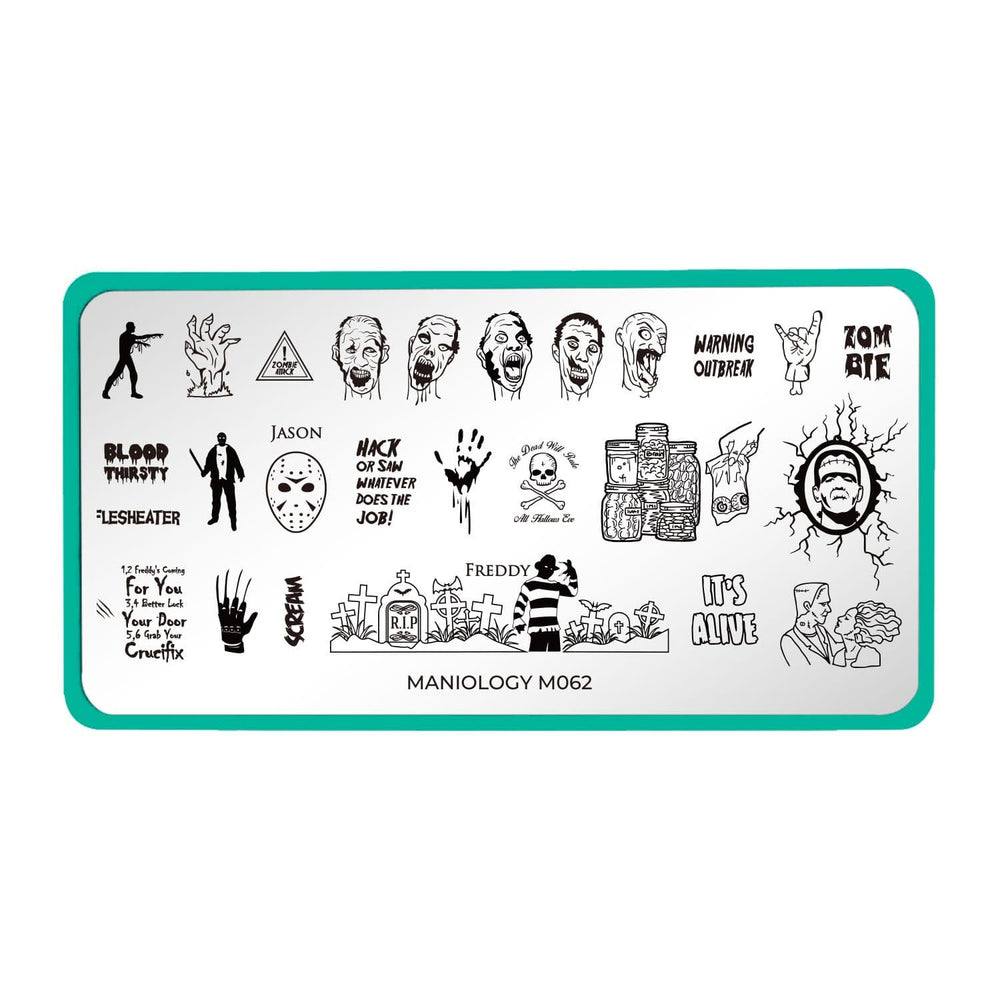  A nail stamping plate with Blood thirsty zombies, serial killers, and monsters design by Maniology (m062).