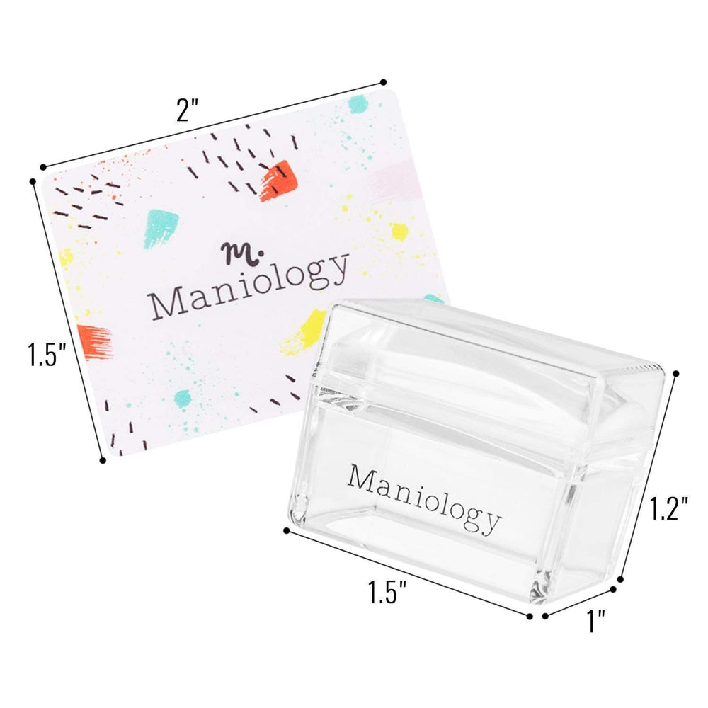 Ice Cube Clear Rectangular Stamper w/ Scraper Card at 1 inch by 1.5 inches in size.