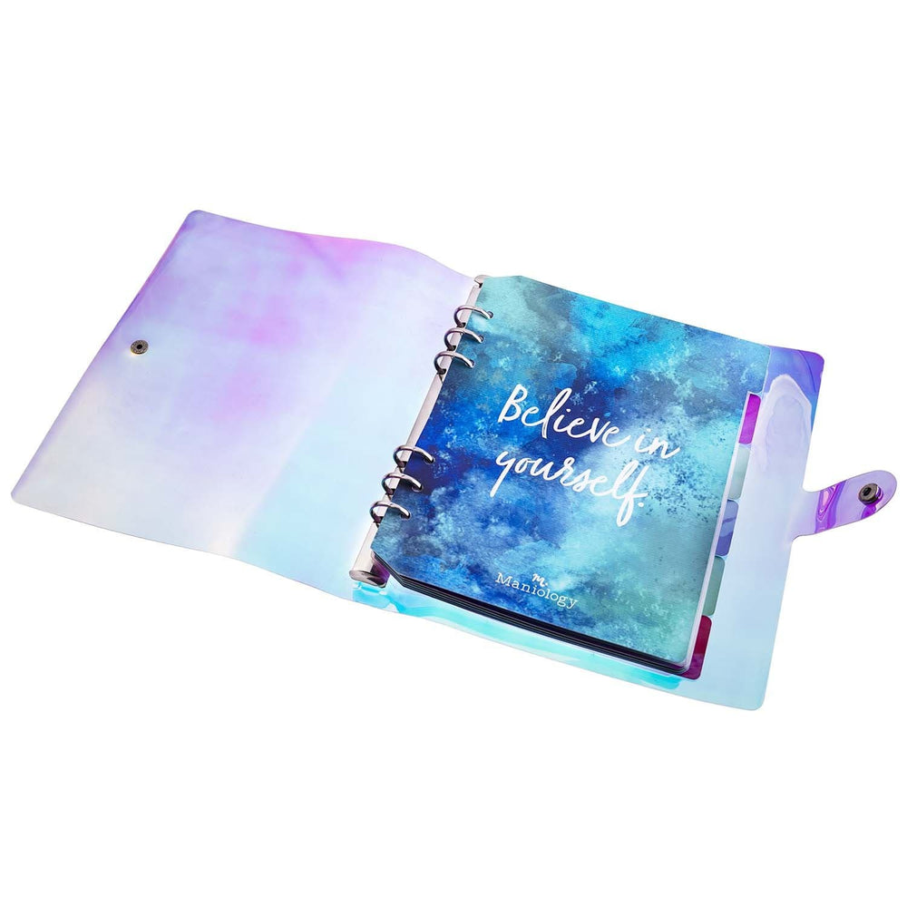 Iridescent Plate Organizer Binder with 10 sheets of organizing inserts and 6 color coordinated dividers.