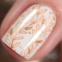 A manicured hand made with Metallic Pale Peach-Beige Orange Stamping Polish by Maniology (B361).