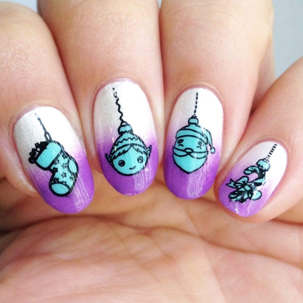  A manicured hand in white and purple with holiday designs.