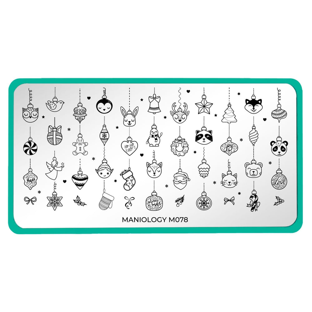 A nail stamping plate with holiday designs from traditional to adorable by Maniology (m078).