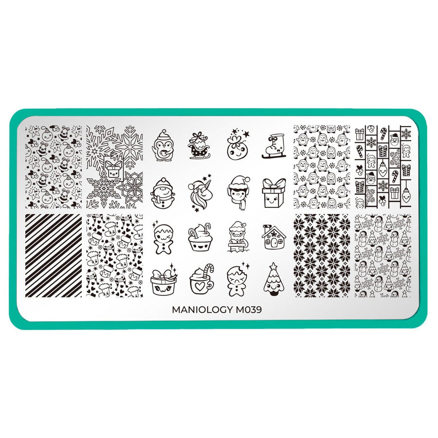 A nail stamping plate with happy elves, snowmen, and ornaments design by Maniology (m039).