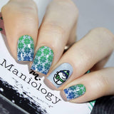 A manicured hand with Kawaii Christmas: Santa's Helpers design by Maniology (m039) holding a scraper.