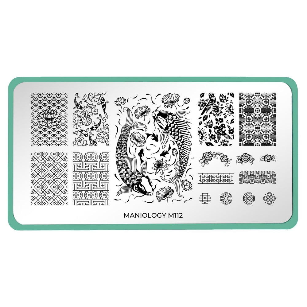 A nail stamping plate with a koi fish and a variety of full nail, accent, or buffet-style designs by Maniology (m112).