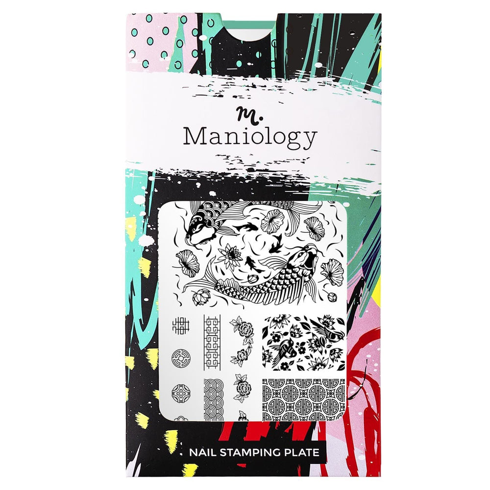 A nail stamping plate with a koi fish and a variety of full nail, accent, or buffet-style designs by Maniology (m112).
