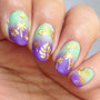 A manicured hand made with Purple Stamping Polish Littlefoot (B281) by Maniology.