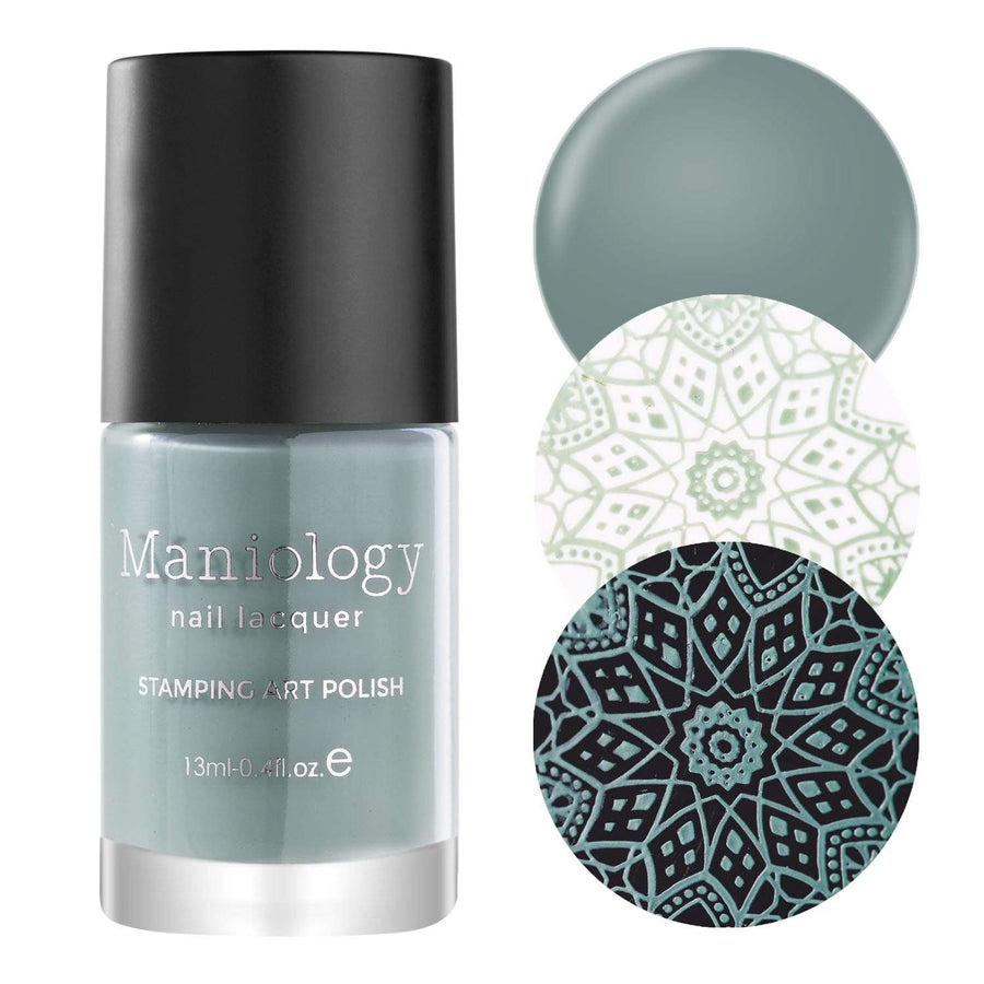 A Moroccan mosaic inspired Shangri La (B296) Dusty Blue Stamping Polish by Maniology.