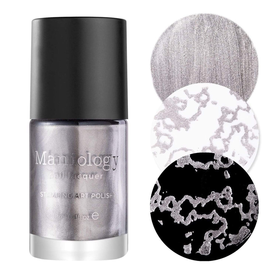A silky silver stamping polish Pewter (B323) with dark gray undertones by Maniology.