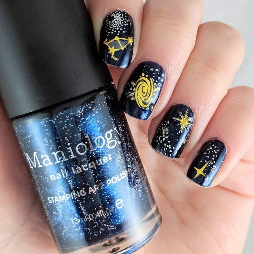 Navy Fractal Nail Art with Cosmic Shine