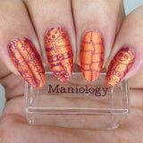 Manicure featuring Maniology stamping polish in metallic orange - Doom (B405)
