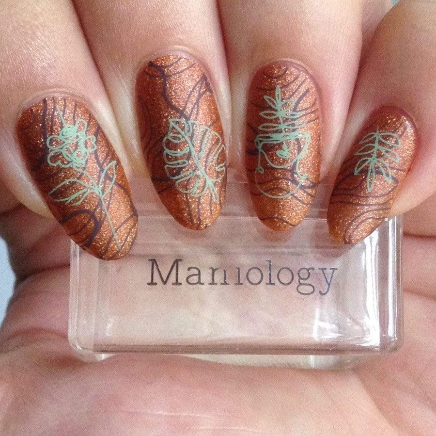 A manicured hand with Modern Masterpiece (m217) designs holding a stamper  by Maniology.