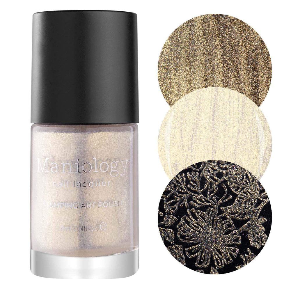 A nail stamping polish that shifts from light to dark gold with hints of green and orange form our Moonbeams collections by Maniology (B165).