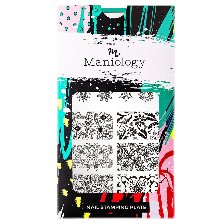 A nail stamping plate featuring 6 full-nail and 16 accent floral designs with beautiful symmetry and balance by Maniology (m132).