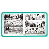 A nail stamping plate with a variety of beautiful terrains and sceneries such as underwater mermaids, fairy forest homes, and dragons flying across the sky by Maniology (m131).