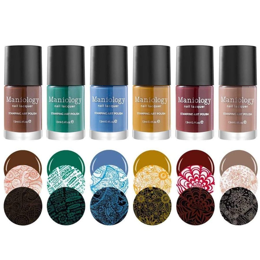 6 earth-tone colored polishes that are heavily pigmented and have a cream finish with colors Annato Clay, Tree of Life, Turmeric Sun, Red Sea, Indikon, and Arabica.