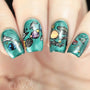 A manicured hand in green with Negative Space: Starry Night design by Maniology (m024).
