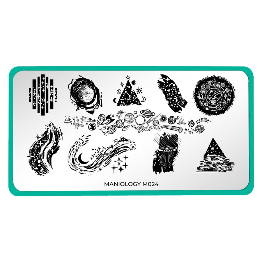 A nail stamping plate with space-themed geometric designs by Maniology (m024).