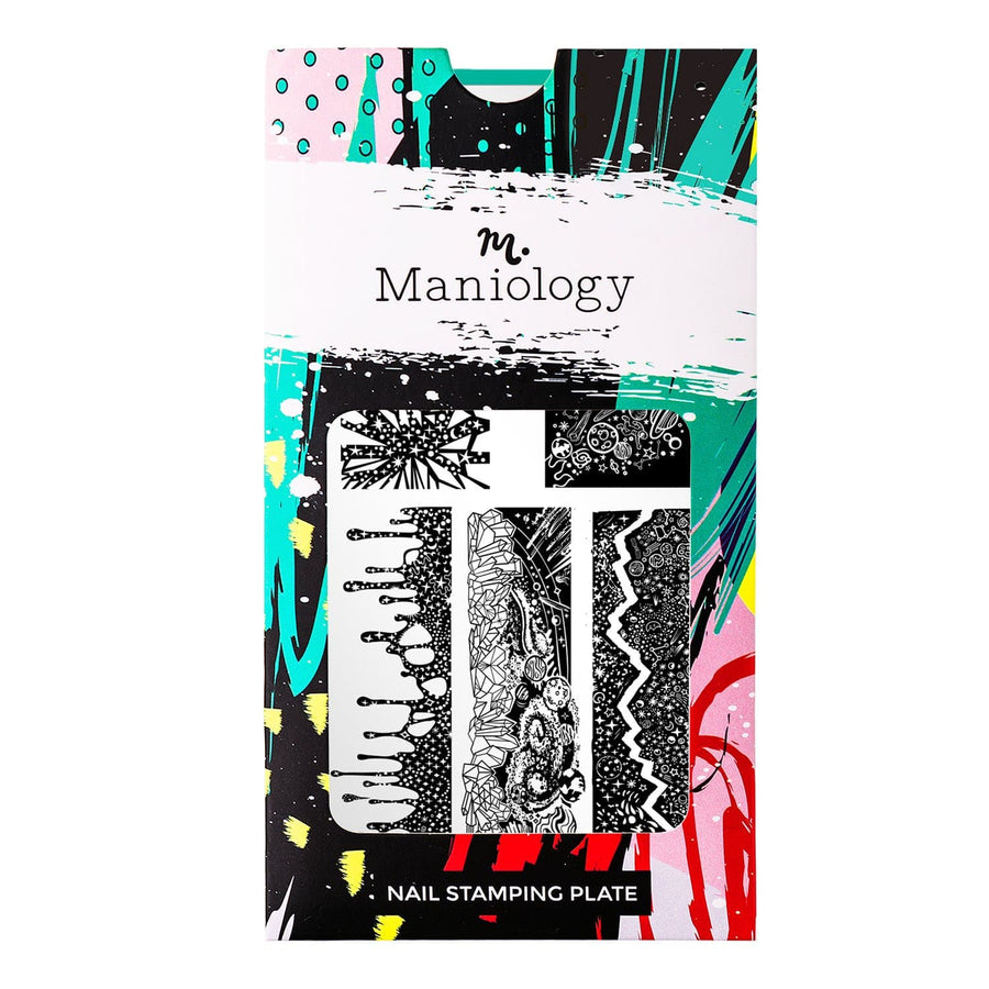 A nail stamping plate in 3 panoramic and 6 full nail designs in interstellar themes by Maniology (m025).