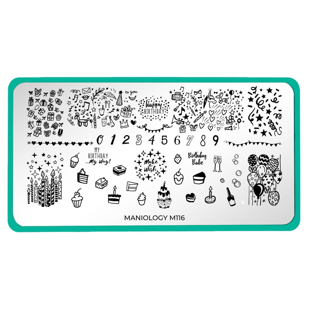 A nail stamping plate featuring lots of cute full nail designs, including numbers,  cakes, confetti, balloons, candles and accent style by Maniology (m116).