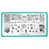 A nail stamping plate featuring lots of cute full nail designs, including numbers,  cakes, confetti, balloons, candles and accent style by Maniology (m116).