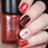 A manicured hand holding Galentine (B329) Metallic Red Stamping Polish by Maniology.