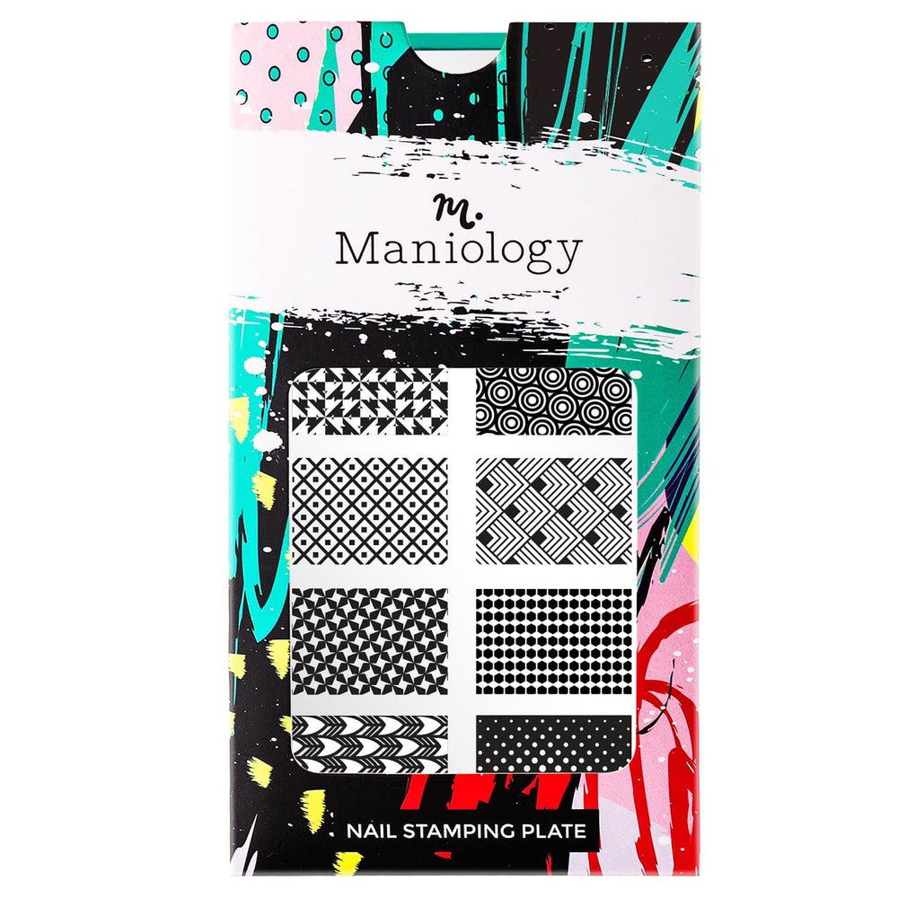 A nail stamping plate with classic patterns such as houndstooth, greek key, scales, polka dots designs by Maniology (m087).