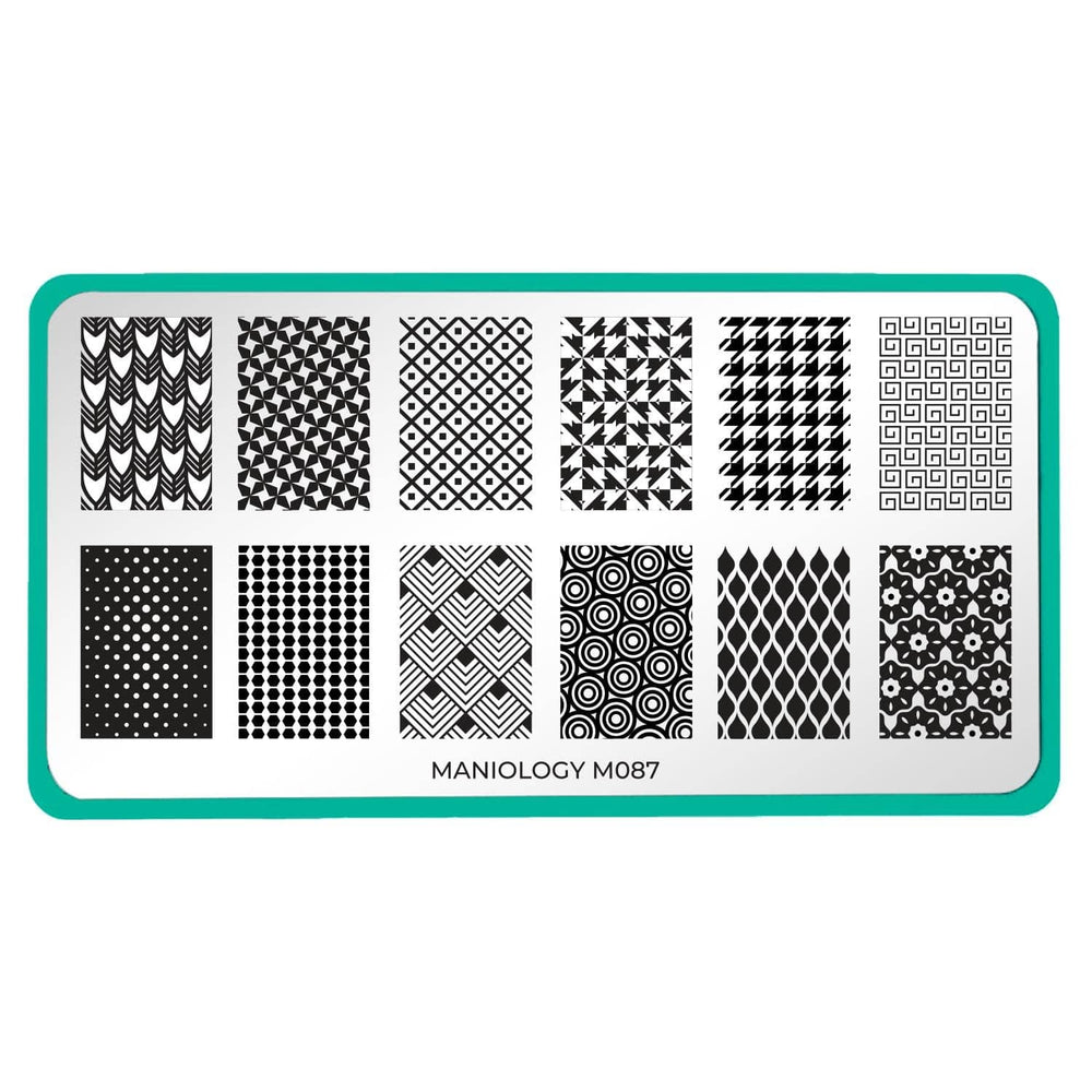 A nail stamping plate with classic patterns such as houndstooth, greek key, scales, polka dots designs by Maniology (m087).