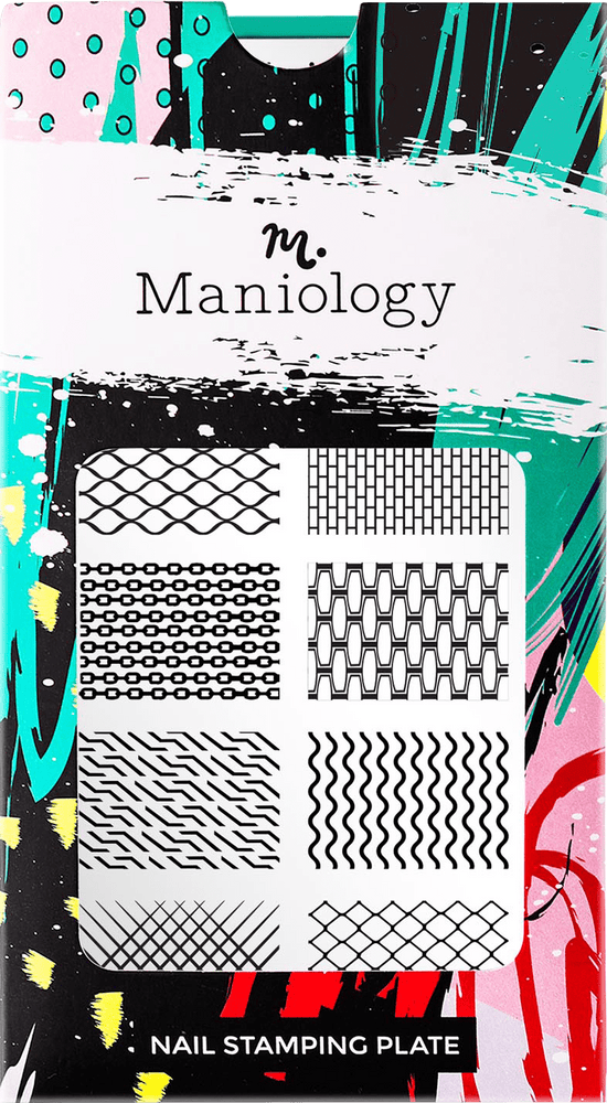 A nail stamping plate with fun patterns like fishnets, wavy stripes, brick, honeycomb, polka dots design by Maniology (m086).