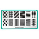 A nail stamping plate with 12 full nail designs featuring various stripes, chevron, polka dots, checkers design by Maniology (m085).