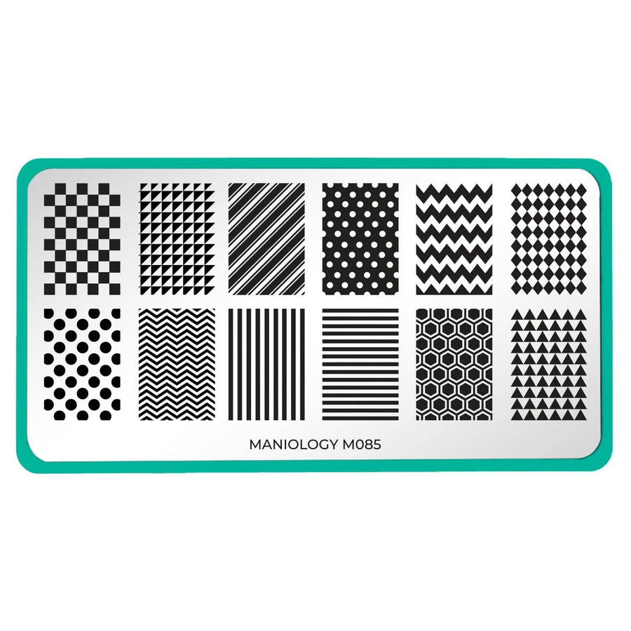 A nail stamping plate with 12 full nail designs featuring various stripes, chevron, polka dots, checkers design by Maniology (m085).