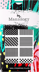 A nail stamping plate with 12 full nail designs featuring various stripes, chevron, polka dots, checkers design by Maniology (m085).