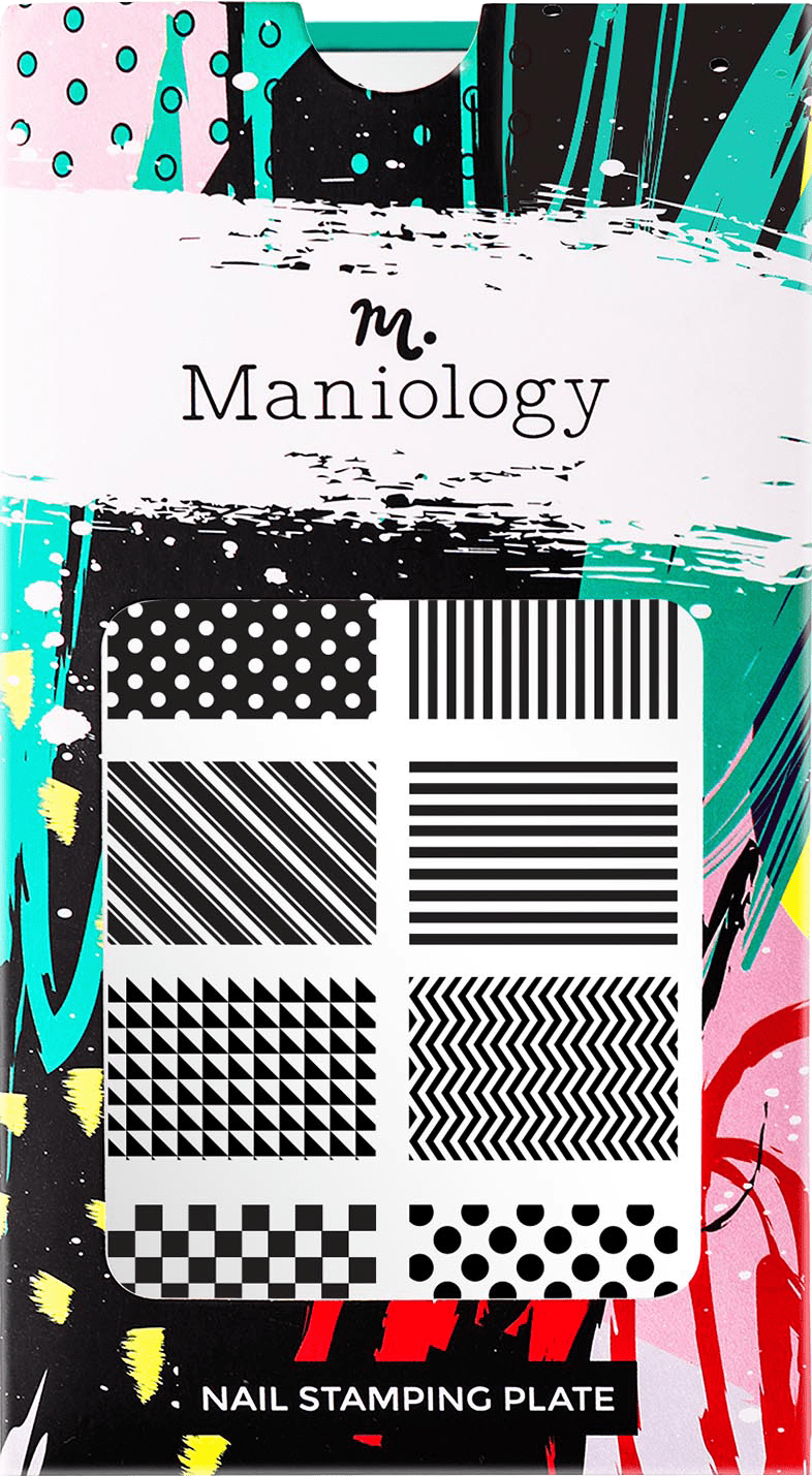 A nail stamping plate with 12 full nail designs featuring various stripes, chevron, polka dots, checkers design by Maniology (m085).