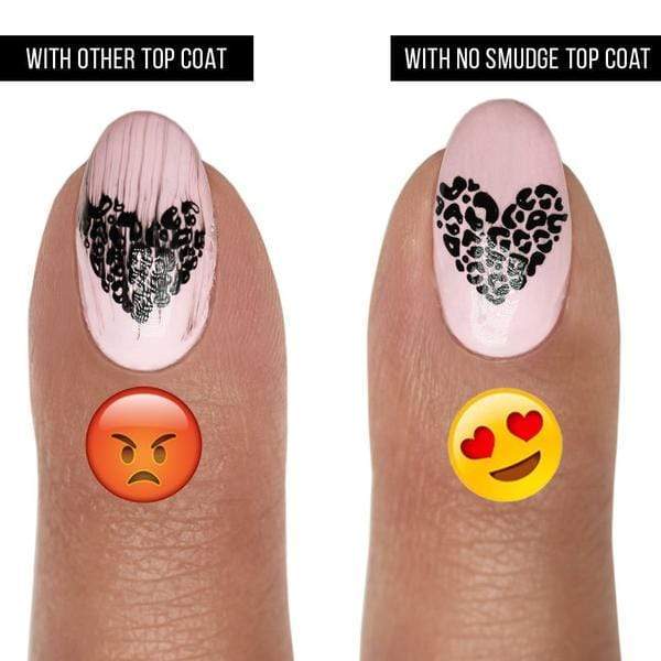 An image of a nail with other top coat vs. Maniology's No Smudge Top coat.