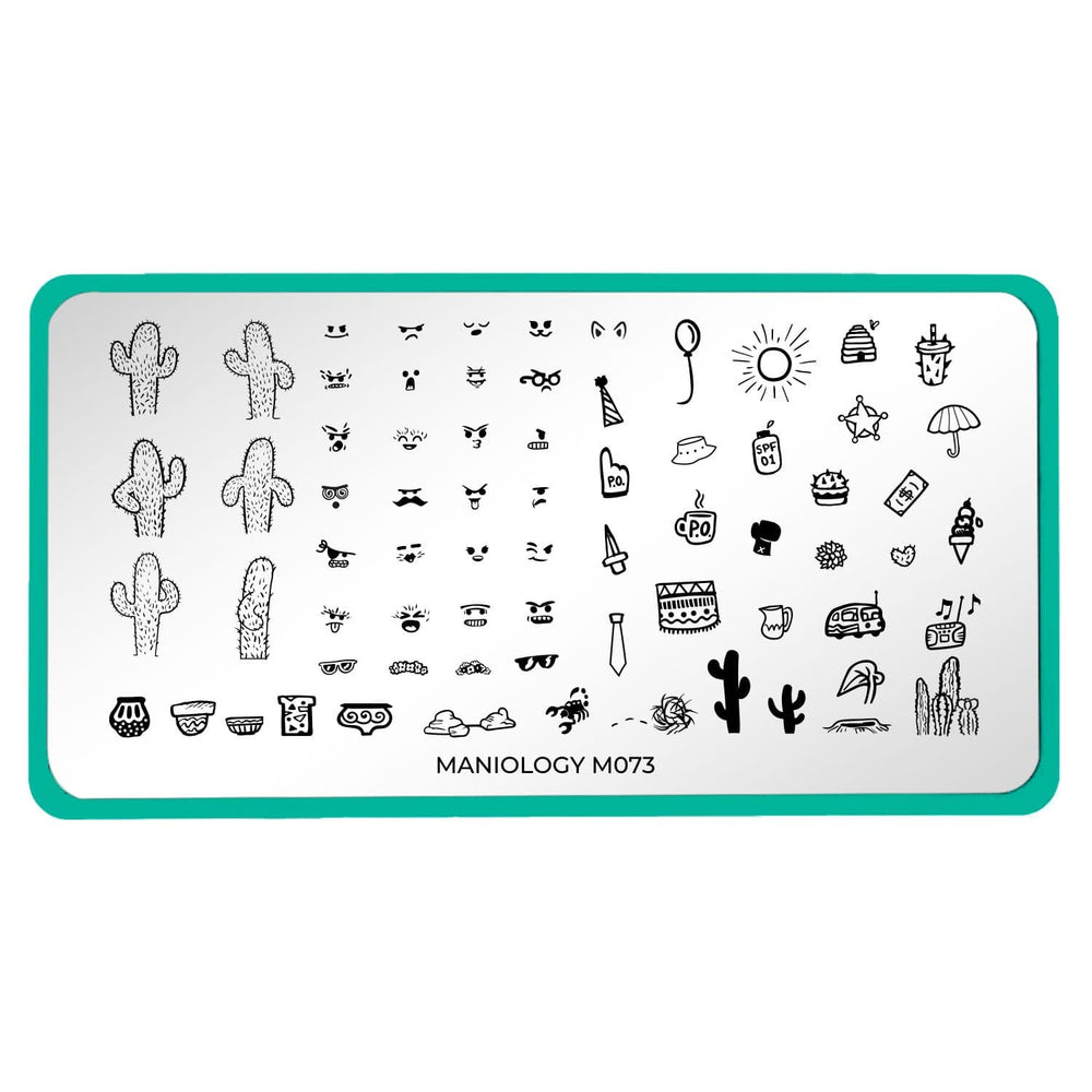  A nail stamping plate with full of interchangeable cacti, expressions, and accessories by Maniology (m073).