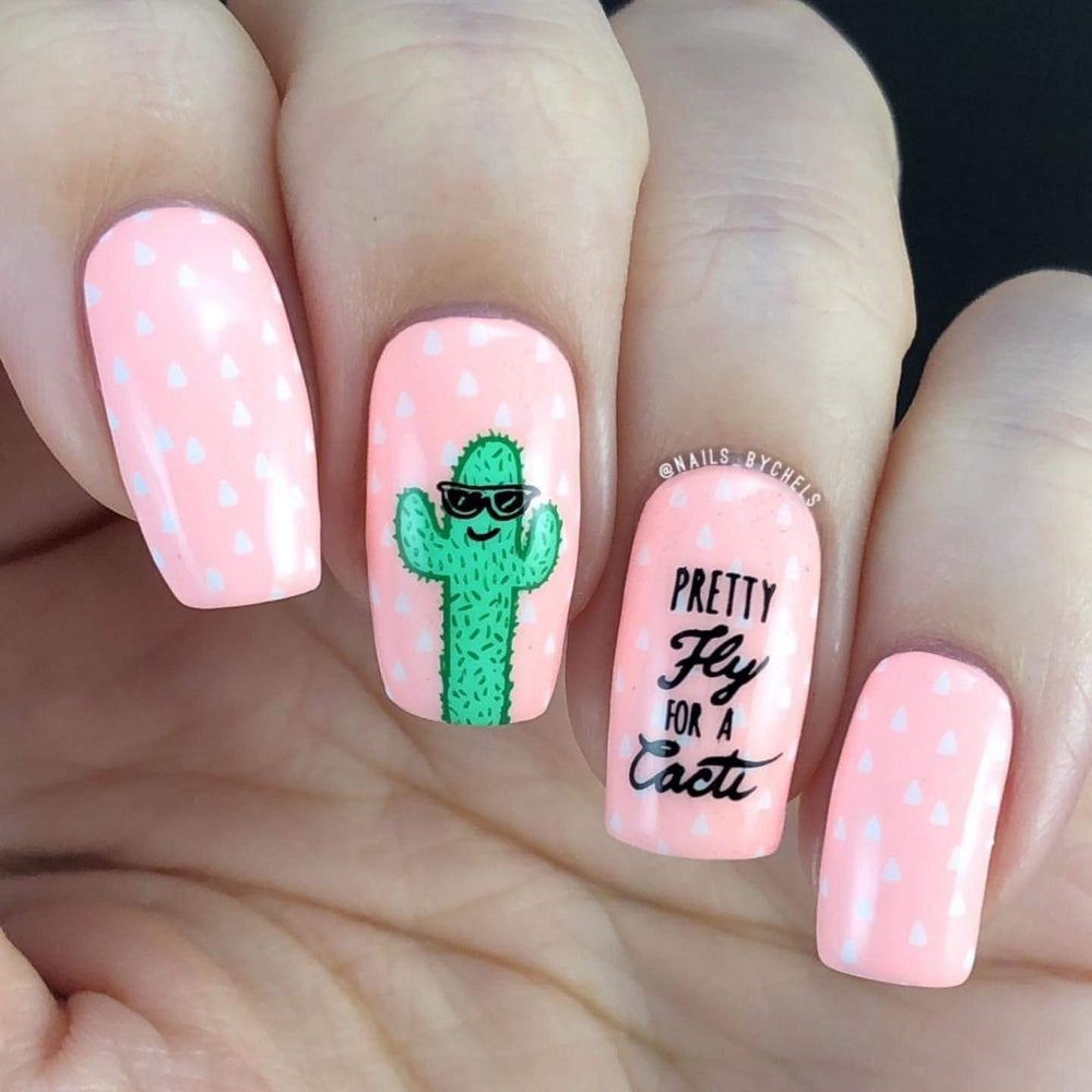 A manicured hand with cool cacti, and a word design by Maniology.
