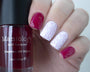 A manicured hand holding Sheer Magenta Stamping Polish from Rainbow Splash Collection: Vermillion (B273) by Maniology