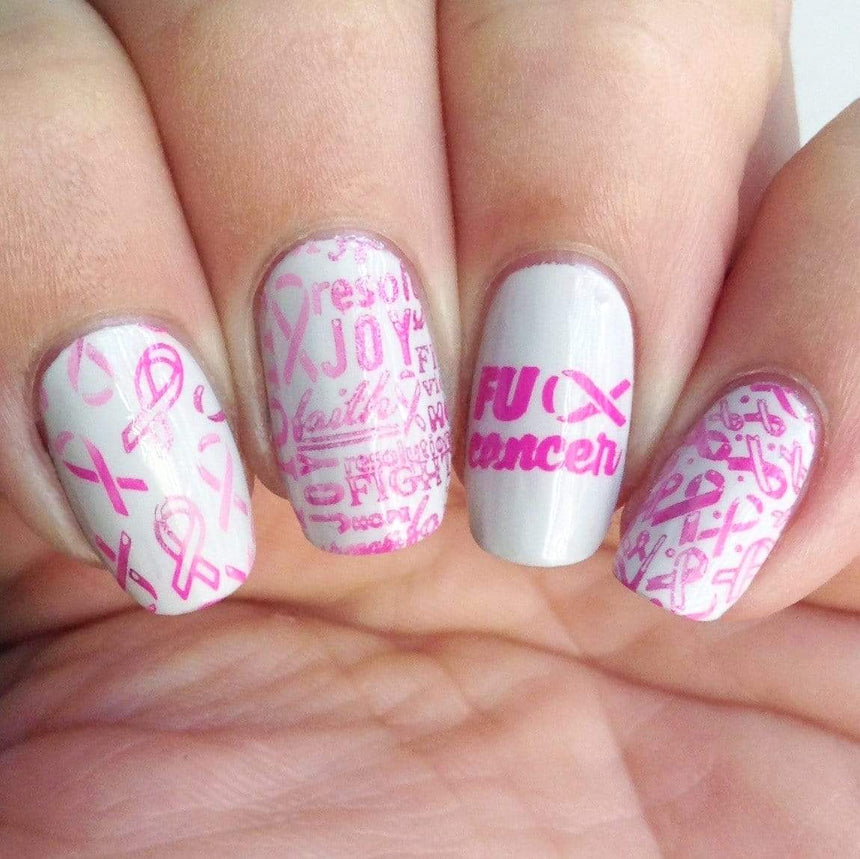 A manicured hand with Ribbons of Hope designs by Maniology (m153).