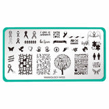 A nail stamping plate with Ribbons of Hope featuring a variety of designs to represent the many medical conditions, disabilities, social issues by Maniology (m153).