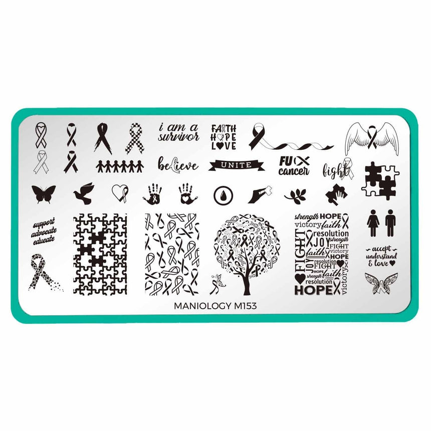 A nail stamping plate with Ribbons of Hope featuring a variety of designs to represent the many medical conditions, disabilities, social issues by Maniology (m153).