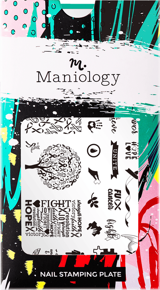 A nail stamping plate with Ribbons of Hope featuring a variety of designs to represent the many medical conditions, disabilities, social issues by Maniology (m153).