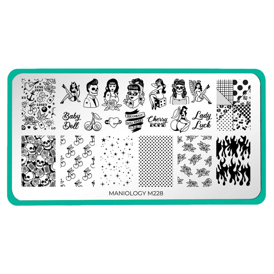 A nail stamping plate that includes firey full nails and ripe accents. Create vampy vintage looks, retro 50's glam, or undead punk manicures by Maniology (m228).