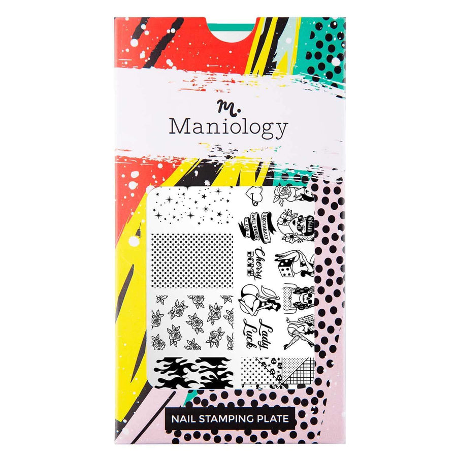 A nail stamping plate that includes firey full nails and ripe accents. Create vampy vintage looks, retro 50's glam, or undead punk manicures by Maniology (m228).