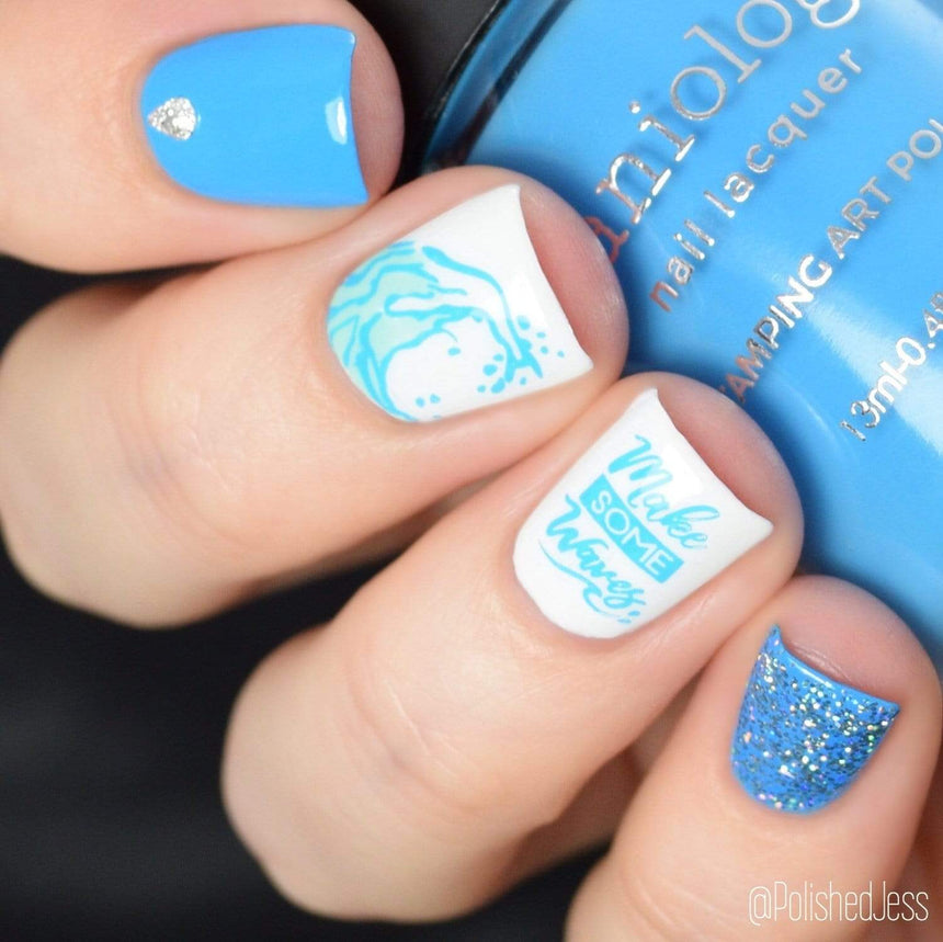 A manicured hand holding Neon Blue Stamping Polish from School's Outcollection Blue Glue (B288).