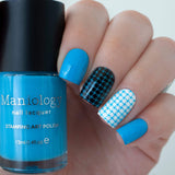 A manicured hand holding Neon Blue Stamping Polish from School's Outcollection Blue Glue (B288).