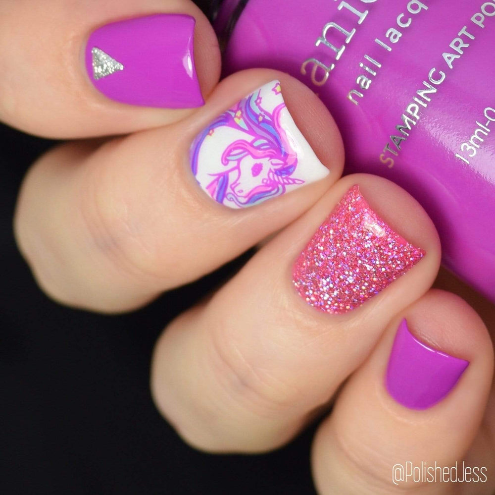 A manicured hand holding Neon Purple Stamping Polish from School's Out collection Class Clown (B289).