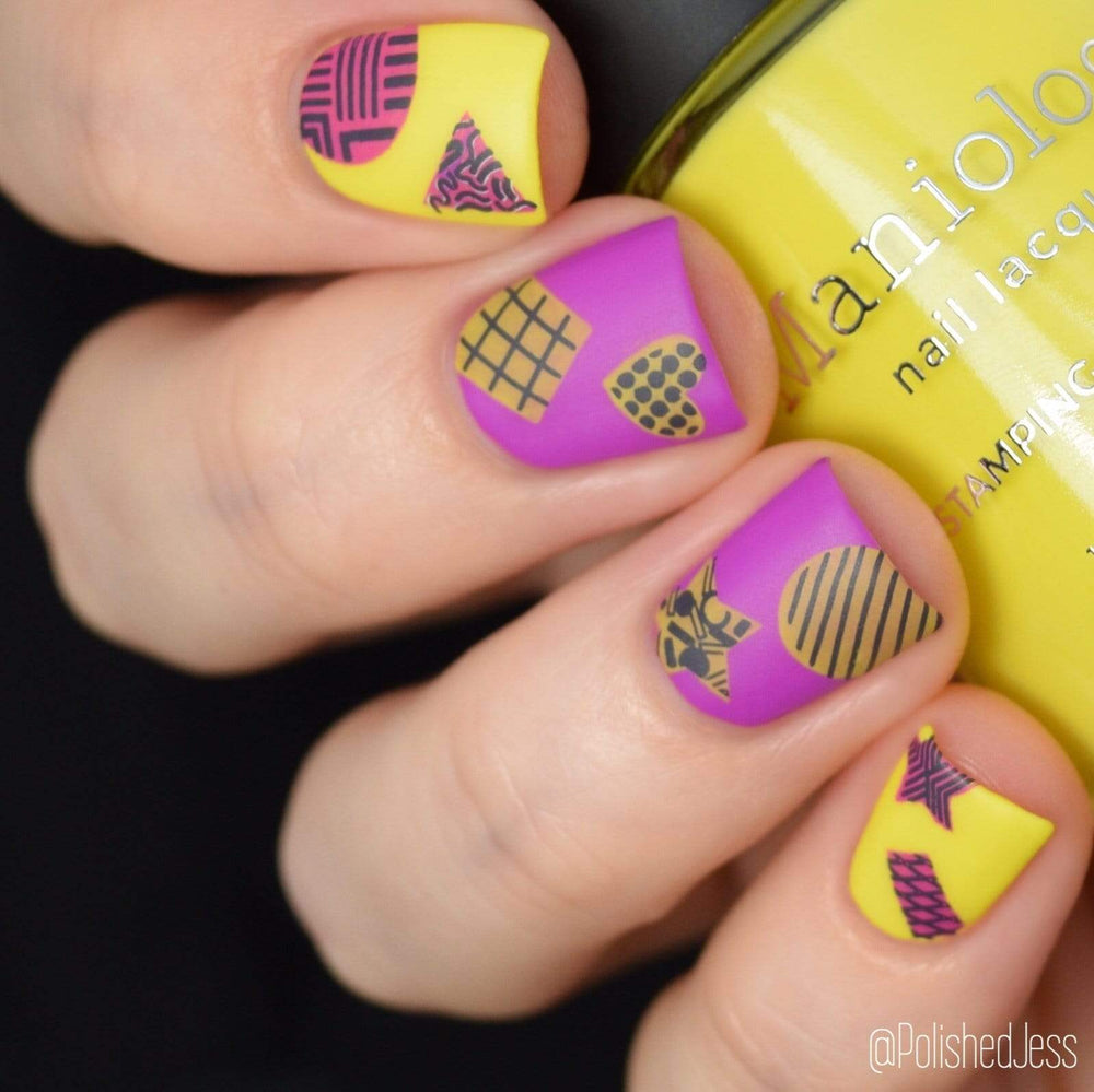 A manicured hand made with Neon Yellow Stamping Polish from School's Out collection Pencils Down (B286).
