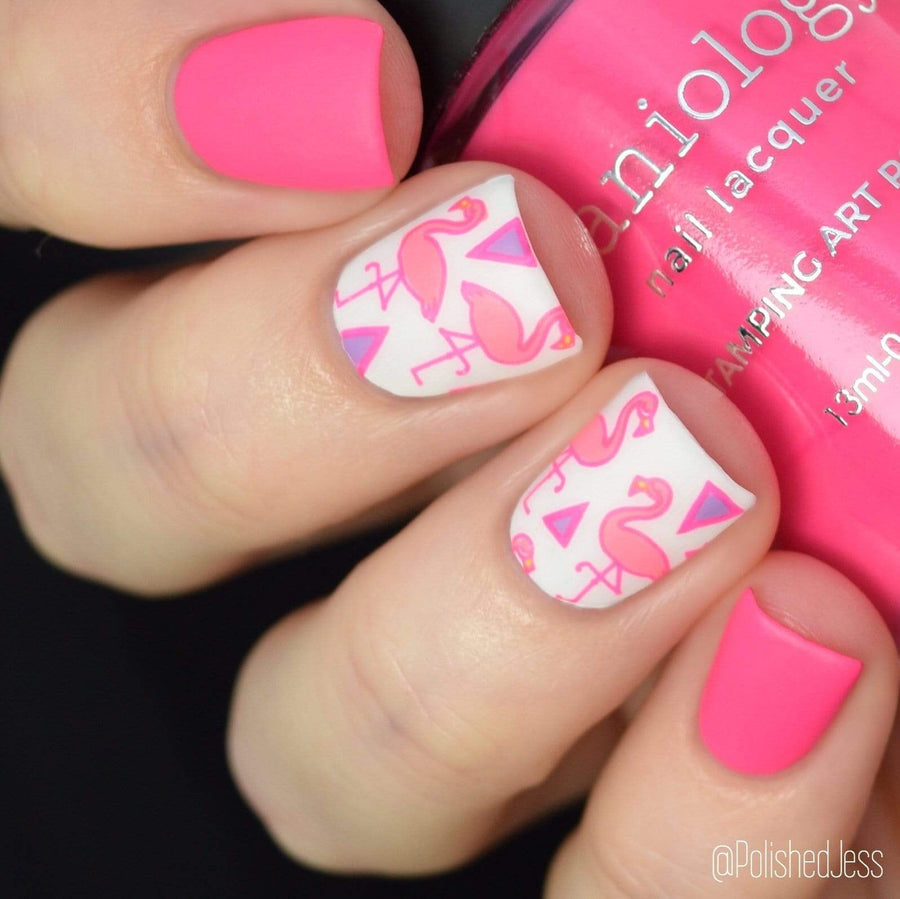 A manicured hand holding Neon Pink Stamping Polish from School's Out collection Slam Book (B290).