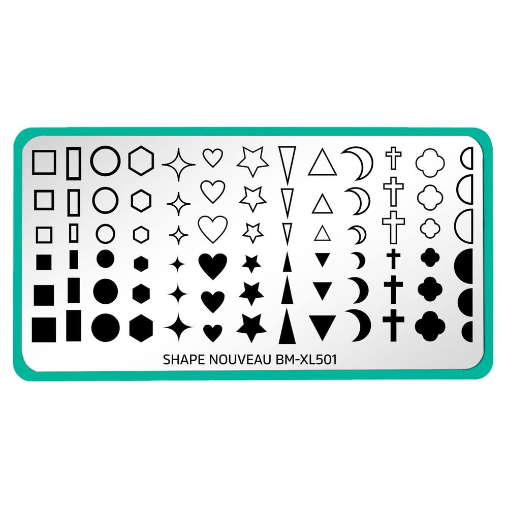 A nail stamping plate with thick outlines and solid filled geometric shapes by Maniology (BM-XL501).