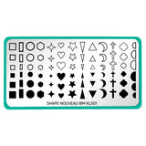 A nail stamping plate with thick outlines and solid filled geometric shapes by Maniology (BM-XL501).